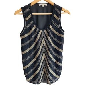 English Rose Black Sheer Heavily Beaded Embellished Tank Top Gold Silver Small